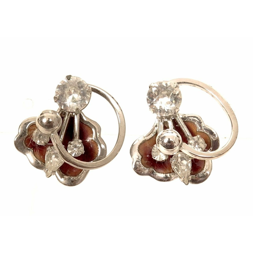 Art Deco Vintage Sterling Silver‎ Flower Enamel Rhinestone SB Earrings